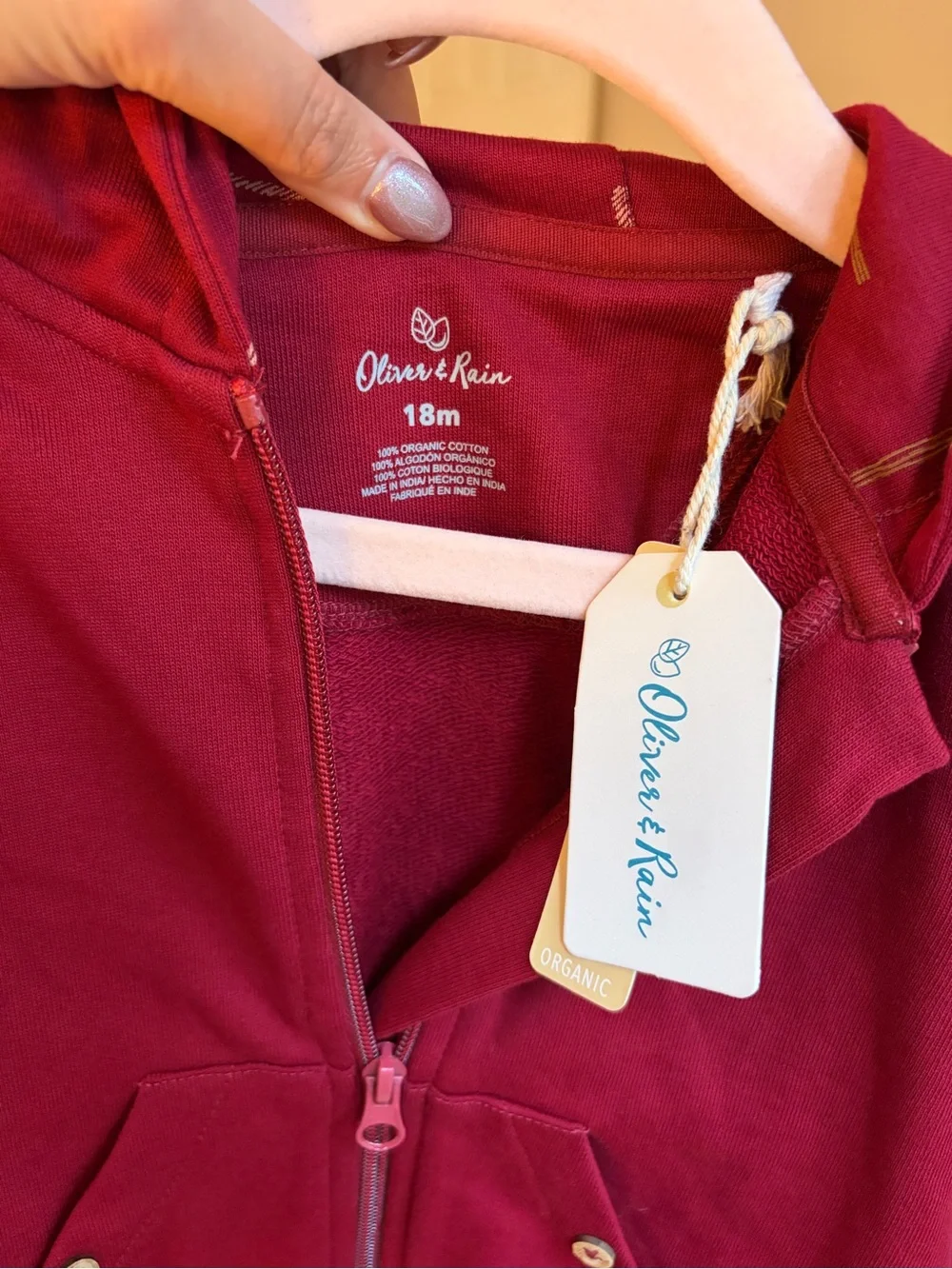 NWT! Oliver & Rain Burgundy Organic Cotton Zip Up Hoodie